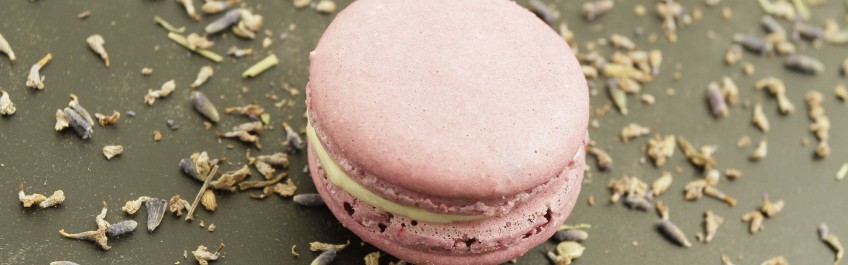 Macaron rempli d’une ganache faite avec de la lavande fraiche.