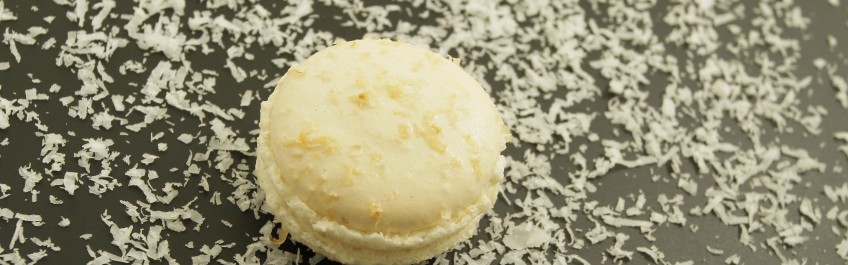 Macaron rempli d’une ganache à la noix de coco, saupoudré de copeaux de noix de coco grillés.